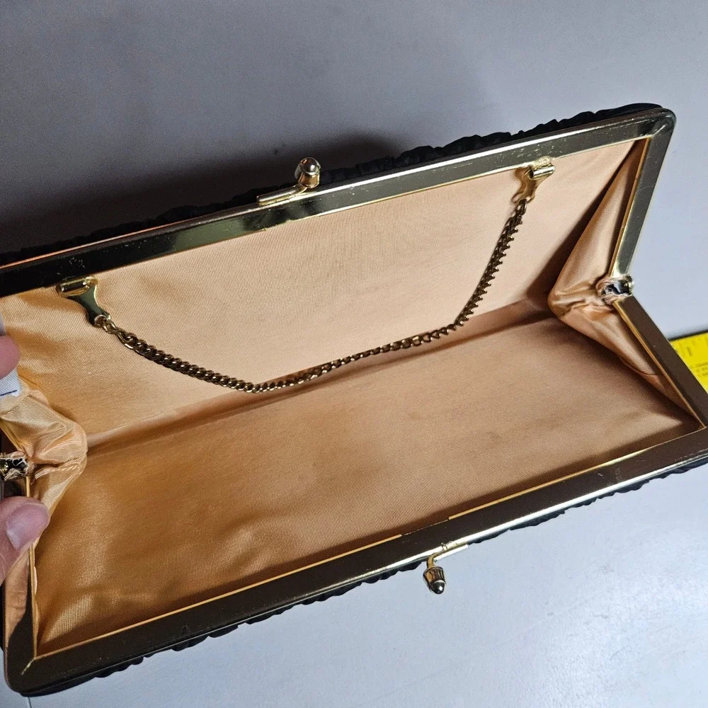 Vintage HL USA Black Satin Ruched Clutch Evening Bag Gold Chain Kiss Lock USA